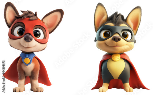 Paw Patrol Pups: Mighty Twins Ready for Action: Two adorable chihuahua pups, dressed in superhero capes and masks, stand ready to save the day, isolated on transparent background.
