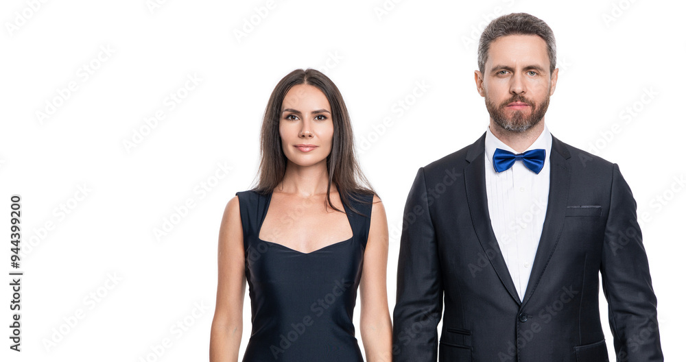 Formal man and woman. Couple is posing. Elegant couple in formal clothes isolated on white. Woman and man at occasion date. Romantic love. Valentines day banner. Elegantly dressed couple Formal man and woman. Couple is posing. Elegant couple in formal clothes isolated on white. Woman and man at occasion date. Romantic love. Valentines day banner. Elegantly dressed couple