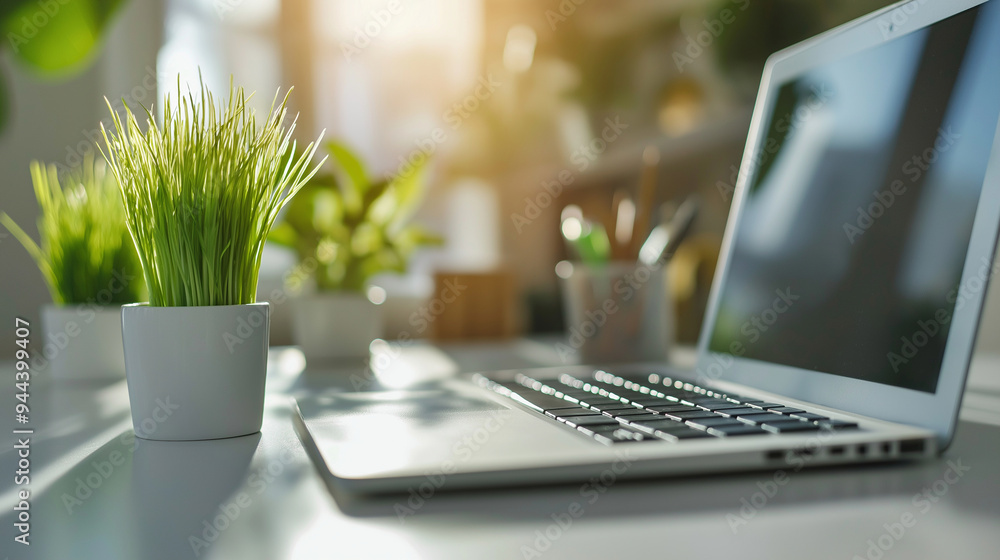 A minimalist home office setup with a laptop on a clean white desk, where grass is sprouting from the keyboard, embodying the concept of green technology and eco-conscious working. A minimalist home office setup with a laptop on a clean white desk, where grass is sprouting from the keyboard, embodying the concept of green technology and eco-conscious working.