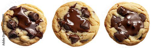 Triple Chocolate Chip Cookie Indulgence: Three freshly baked chocolate chip cookies, generously drizzled with melted dark chocolate, isolated on transparent background. photo