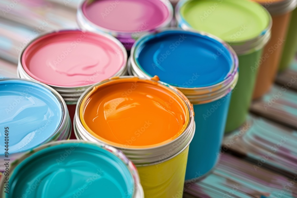 paint cans in soft pastel shades, set against a complementary pastel background, perfect for interior design inspiration. paint cans in soft pastel shades, set against a complementary pastel background, perfect for interior design inspiration.