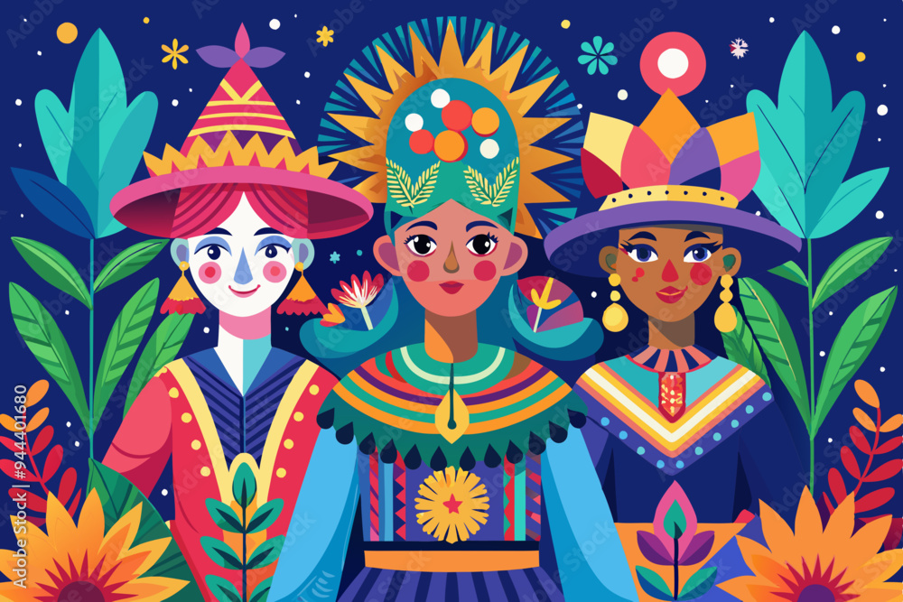A bright, colorful illustration depicting three people dressed in vibrant and festive clothing, adorned with hats, flowers, and geometric patterns, against a lush background
A bright, colorful illustration depicting three people dressed in vibrant and festive clothing, adorned with hats, flowers, and geometric patterns, against a lush background