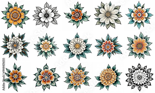 Set of flowers isolated on white background. Hand drawn illustrations.