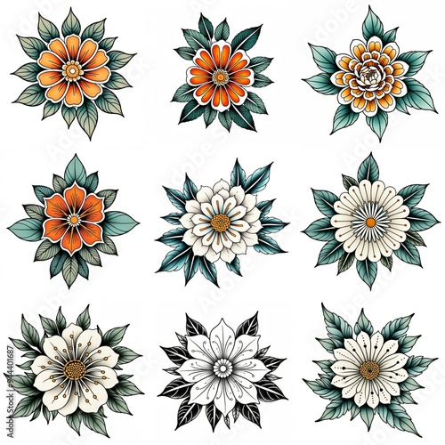 Set of flowers isolated on white background. Hand drawn illustrations.