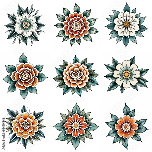 Set of flowers isolated on white background. Hand drawn illustrations.