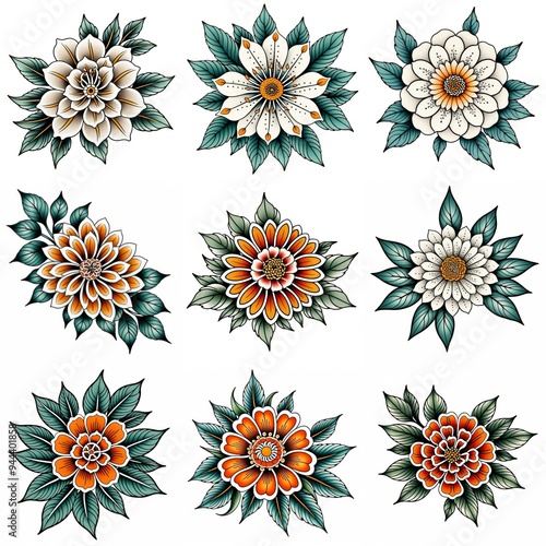 Set of flowers isolated on white background. Hand drawn illustrations.