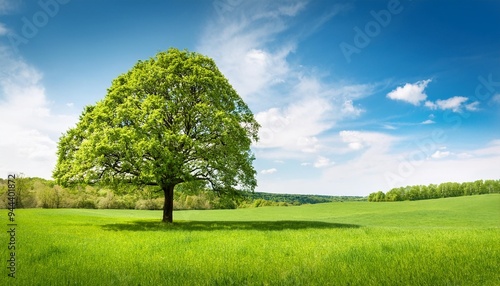 spring meadow with big tree with fresh green leaves