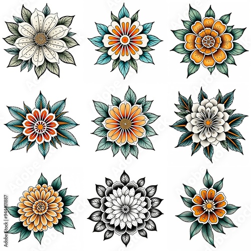 Set of flowers isolated on white background. Hand drawn illustrations.