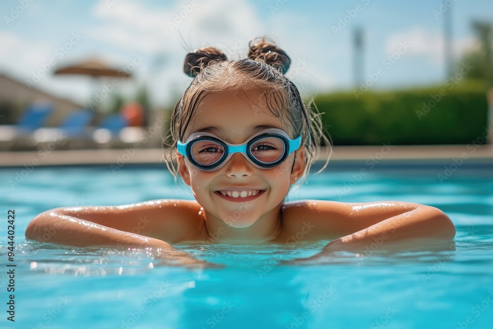 Naklejka premium Smiling Young Girl Enjoying Poolside Fun
