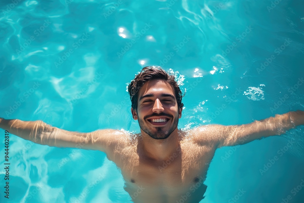 Elated Man Swimming in a Sparkling Pool Elated Man Swimming in a Sparkling Pool