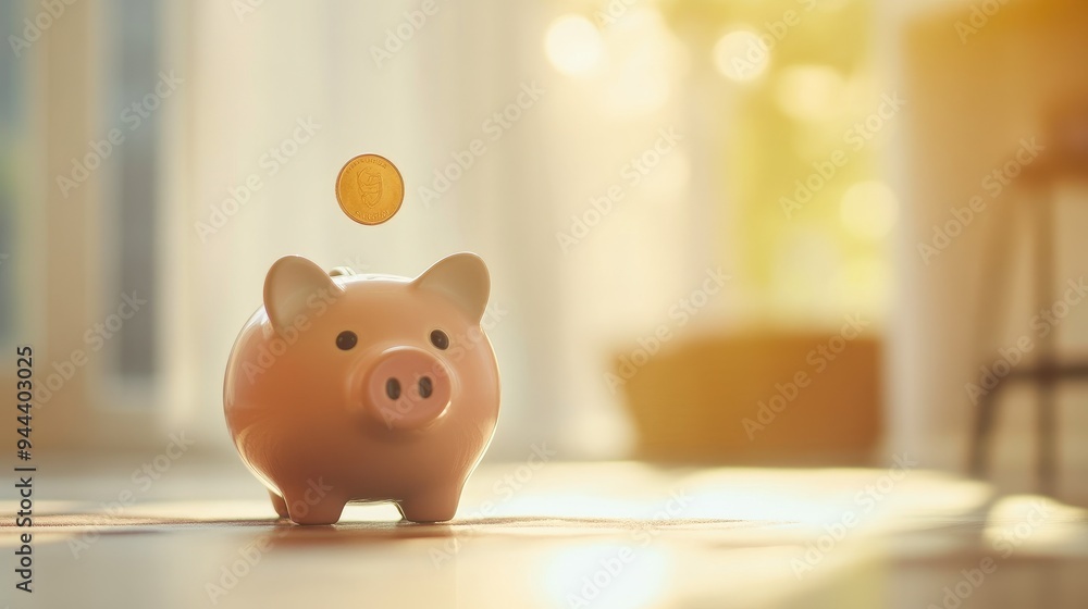 Saving Money: Coin Falling into Piggy Bank Saving Money: Coin Falling into Piggy Bank