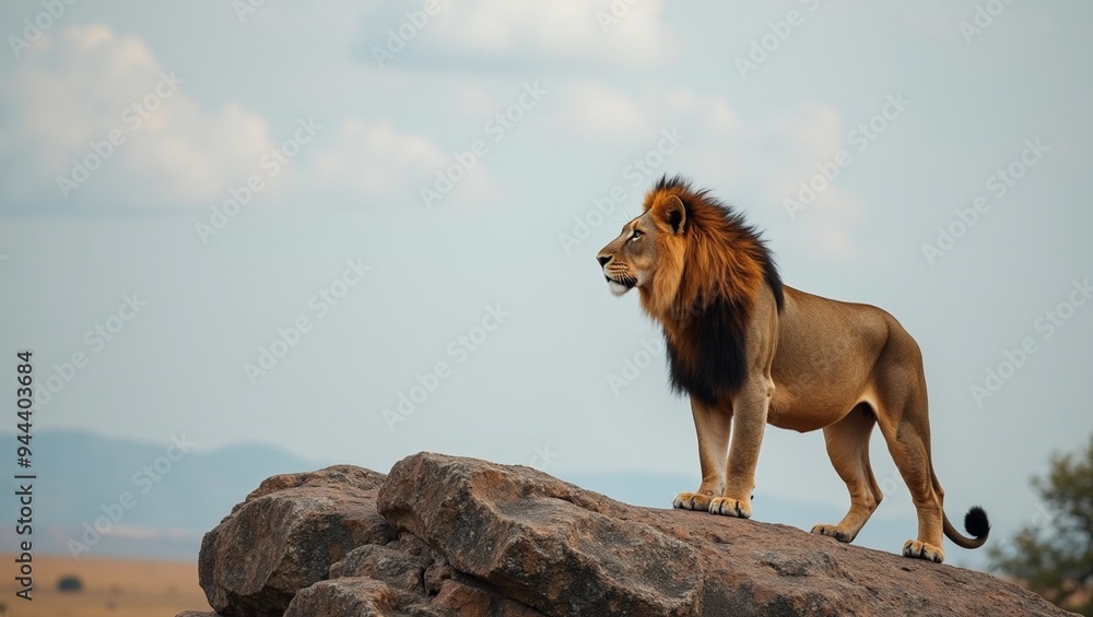 Majestic Lion King Portrait of a solitary lion on rugged terrain Majestic Lion King Portrait of a solitary lion on rugged terrain