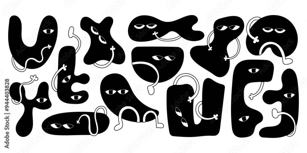Set of black and white abstract character figure. Geometric shape with comic face in y2k style. Funny child figure. Doodle flat illustration for kids. Vector collection with face emotions. Set of black and white abstract character figure. Geometric shape with comic face in y2k style. Funny child figure. Doodle flat illustration for kids. Vector collection with face emotions.