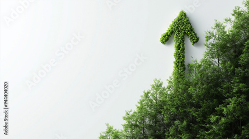 An up arrow made from growing tree branches, set against a plain white background, symbolizing natural and sustainable business growth. photo