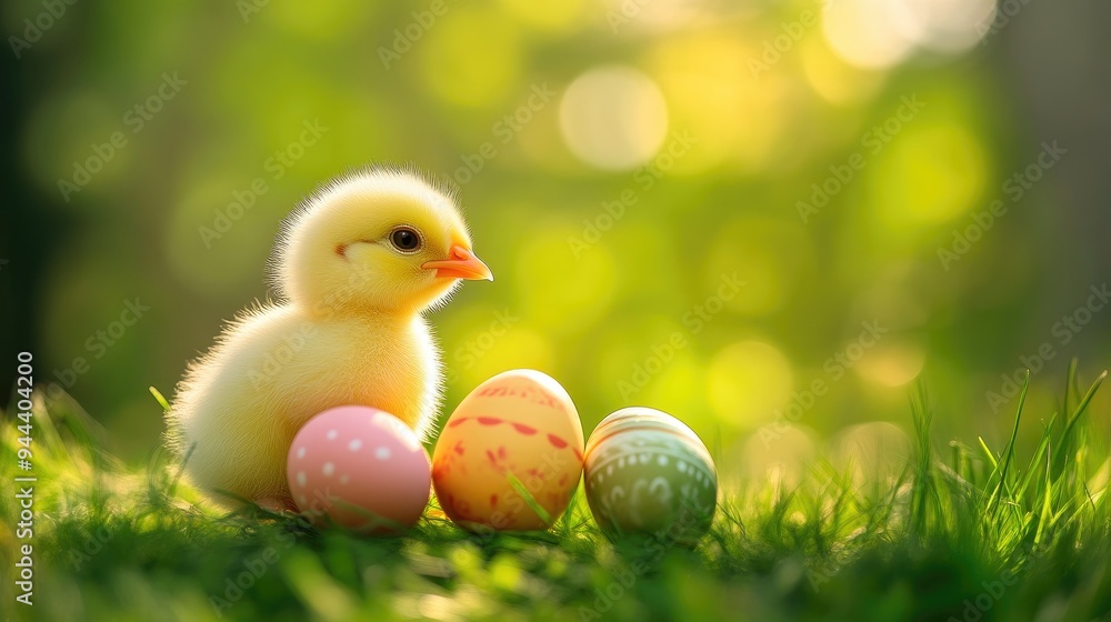 Adorable Baby Chick with Vibrant Easter Eggs in Spring Meadow Adorable Baby Chick with Vibrant Easter Eggs in Spring Meadow