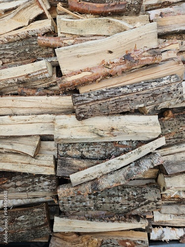 Closeup of Stacked Firewood Logs with Natural Bark Texture for Winter Heating