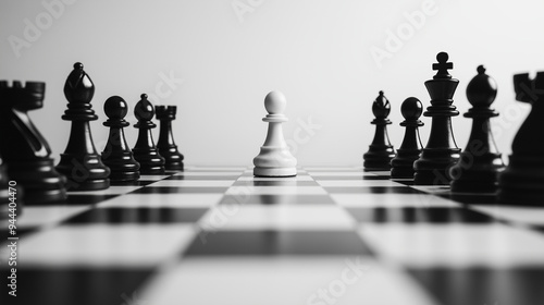 A polished black and white chessboard with intricately carved pieces, set on a plain white background, symbolizing the clarity and precision needed in strategic planning.