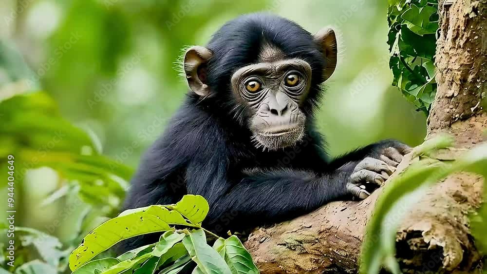 a young chimpanzee sitting on a tree branch a young chimpanzee sitting on a tree branch