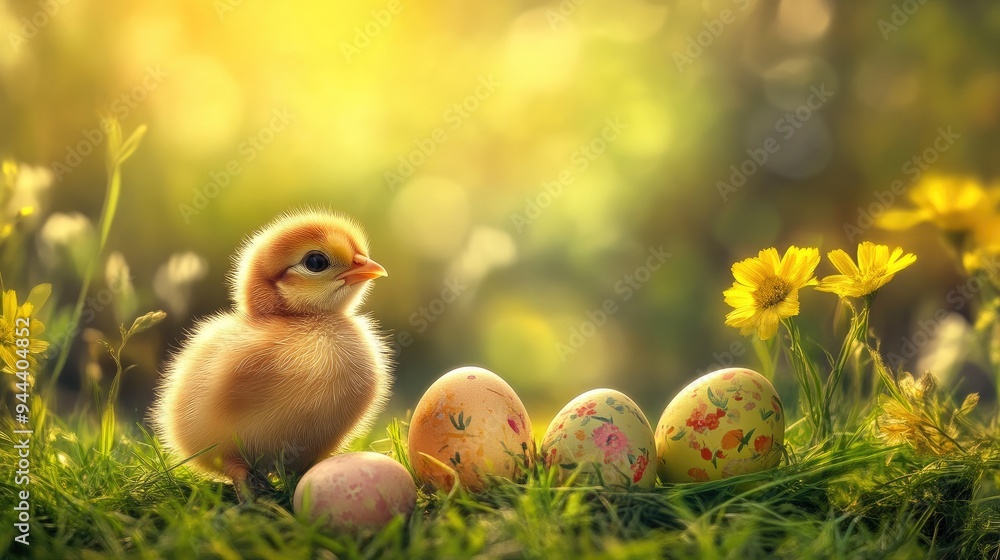 Playful Chick and Decorative Easter Eggs in a Sunny Meadow Playful Chick and Decorative Easter Eggs in a Sunny Meadow