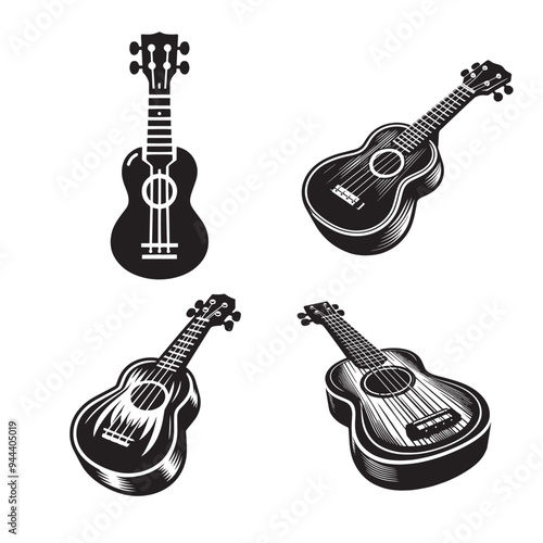 Set of Ukulele Silhouettes in Black and White, Vector Ukulele Illustrations, Ukulele Icons