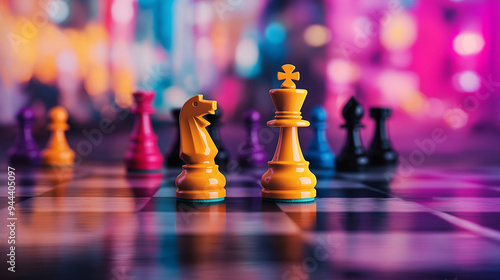 A chessboard with vibrant, colorful pieces in unconventional shapes, placed on a blurred creative workspace background, symbolizing innovative and out-of-the-box strategic thinking