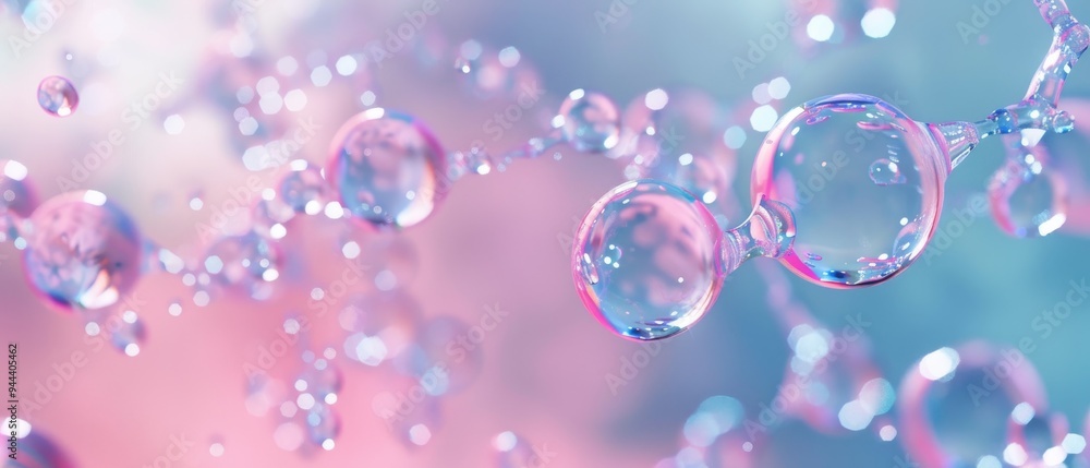 3D rendering of a molecule encapsulated in a transparent liquid bubble against a soft background 3D rendering of a molecule encapsulated in a transparent liquid bubble against a soft background