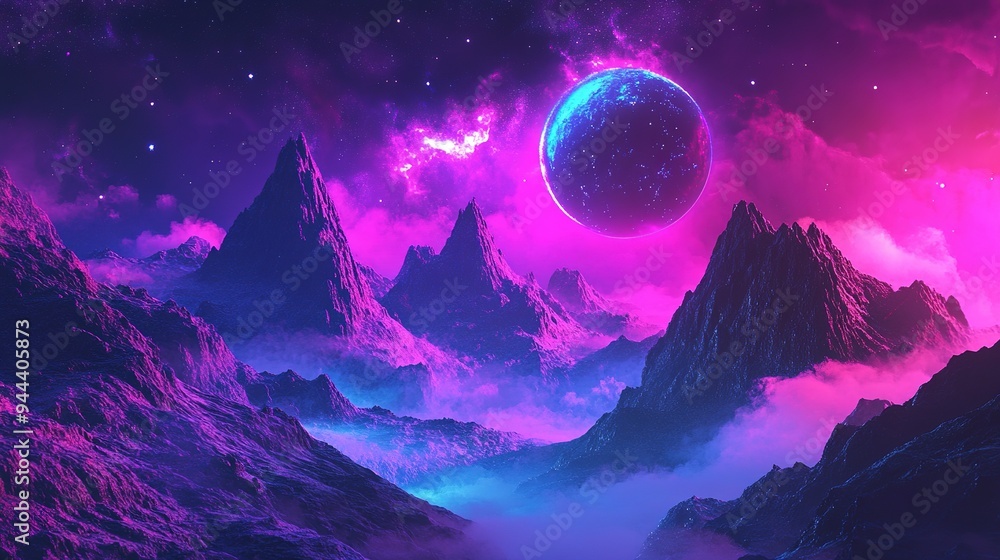 Surreal landscape with a large purple moon rising over misty mountains at twilight, casting an ethereal glow across the sky Surreal landscape with a large purple moon rising over misty mountains at twilight, casting an ethereal glow across the sky