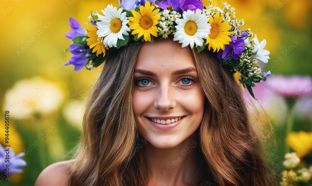 A woman with long brown hair smiles in a field of wildflowers A woman with long brown hair smiles in a field of wildflowers