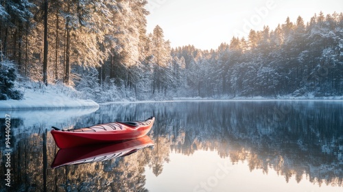 Fototapeta Naklejka Na Ścianę i Meble -  Kayak boat in still quiet lake water with snow ice forest in winter