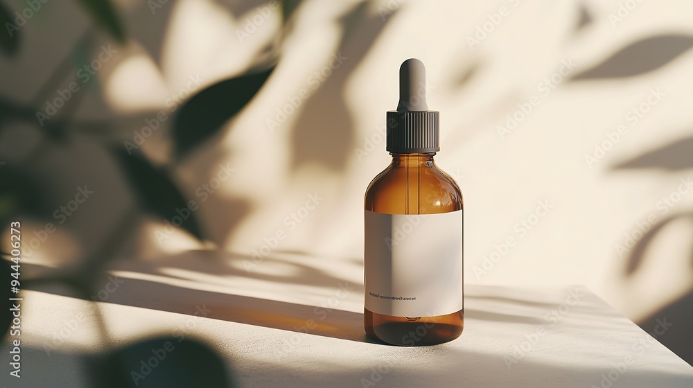 Amber glass dropper bottle with blank label on warm gradient background showcasing essential oils or serums at studio setting Amber glass dropper bottle with blank label on warm gradient background showcasing essential oils or serums at studio setting