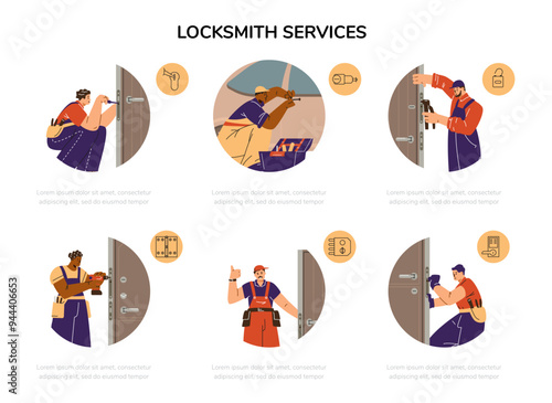 A set of vector icons for locksmith service: professional craftsmen, tools, locks and door hinge