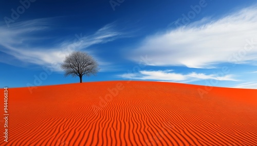 beautiful photograph of a tree in the desert dunes, with a blue sky and white clouds in the background.