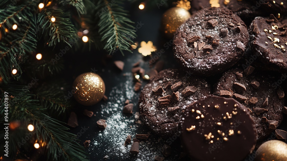 Delicious chocolate cookies with festive decoration on a decorative plate surrounded by candles and pinecones in a cozy setting Delicious chocolate cookies with festive decoration on a decorative plate surrounded by candles and pinecones in a cozy setting