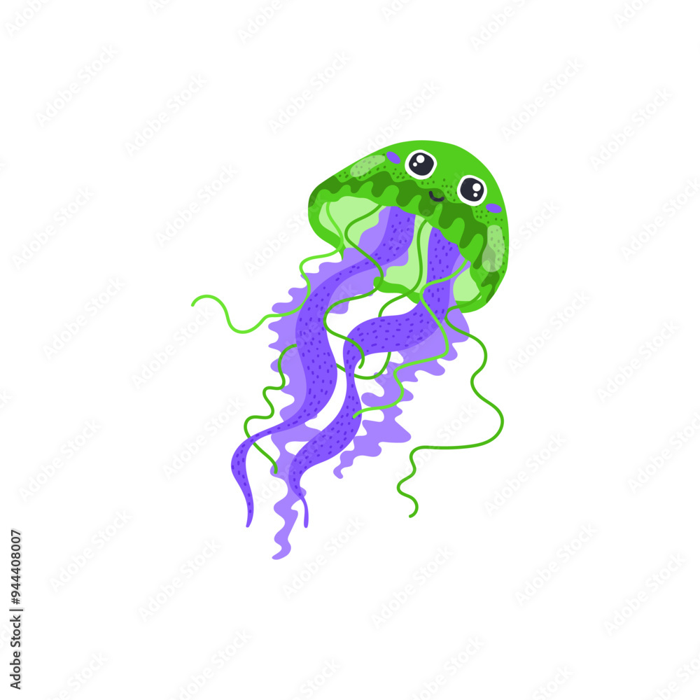 Fototapeta premium Green smiling jellyfish with eyes and long purple tentacles.