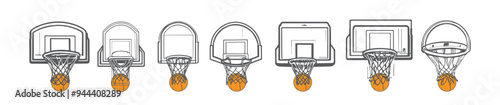 Hand-drawn collection of basketball hoops net and Basketball ball. Line art vector illustration. eps 10
