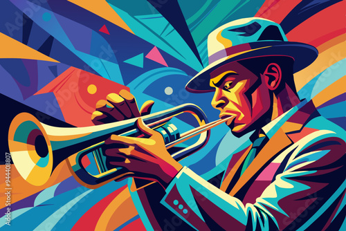 A bold and abstract illustration of a trumpet player, featuring striking colors and dynamic lines, capturing the essence of musical performance and artistic innovation
