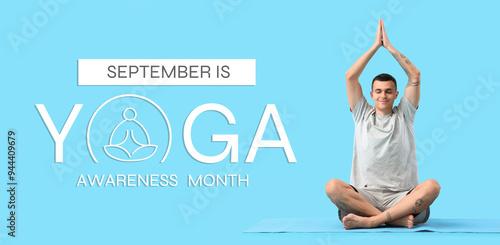 Young man doing yoga on mat...