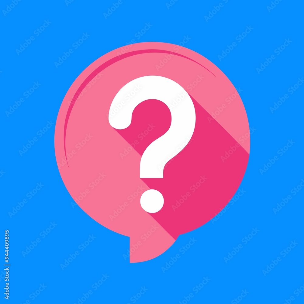 Question mark icon in pink bubble design representing curiosity against blue background. Question mark icon in pink bubble design representing curiosity against blue background.
