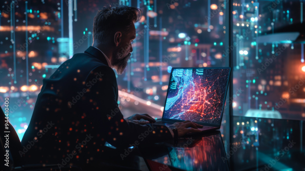 Male businessman working with a modern technological laptop at a table in a modern office overlooking the metropolis. Male businessman working with a modern technological laptop at a table in a modern office overlooking the metropolis.