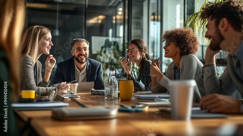 A diverse group of professionals engaging in a collaborative meeting in a modern office setting during daylight