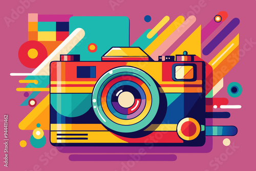 An abstract and colorful pop art representation of a retro camera, featuring vibrant tones and whimsical background elements to create a lively and dynamic visual composition.
