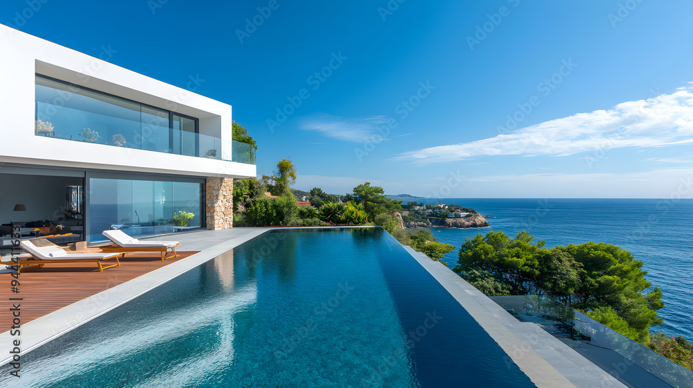 Fototapeta premium Chic Villa Boasting Infinity Pool and Expansive Sea Horizon