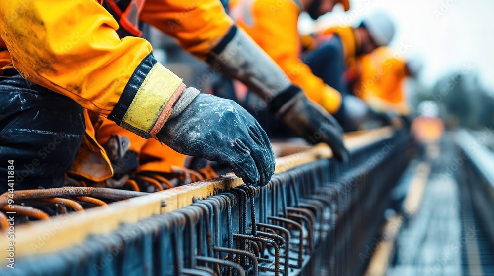 A close-up of workers securing steel beams on a scaffold at a construction site with safety gear in use A close-up of workers securing steel beams on a scaffold at a construction site with safety gear in use