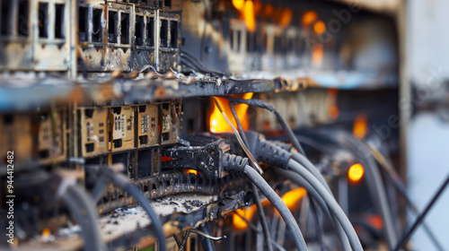 Close-up of the power cables being connected and starting to ignite. Burning and melting cables.