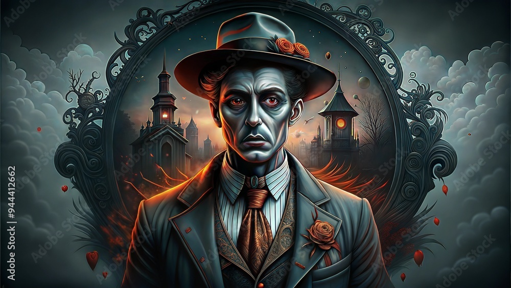 Somber Victorian Man in Ornate Frame with Gothic Architecture and Spiritualist Theme Somber Victorian Man in Ornate Frame with Gothic Architecture and Spiritualist Theme