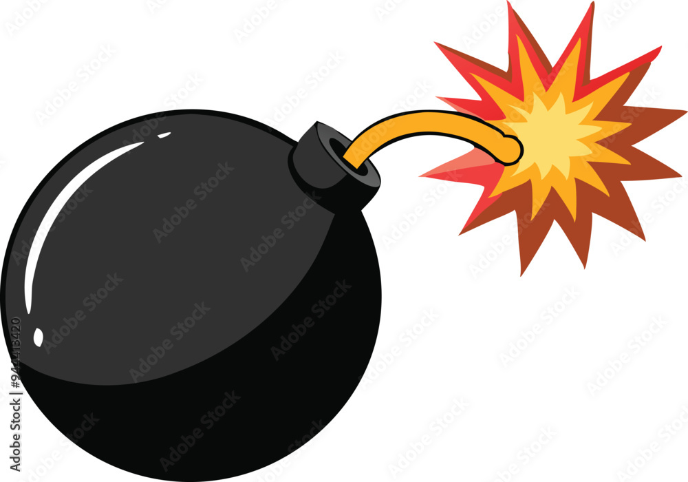 Exploding black bomb vector illustration with bright orange explosion and fuse lit on