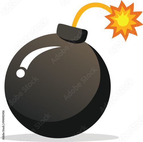 Black bomb illustration with a lit fuse, simple explosive device concept in flat vector design