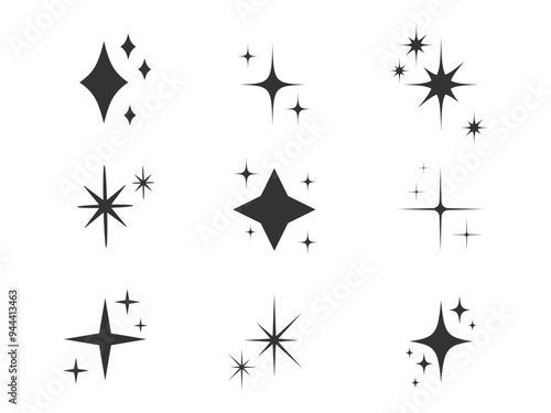 Shining Stars icon Collection. Sparkle Starburst. Blinking spark. Twinkle star shape. Magic light Glint Flash effect. Vector illustration