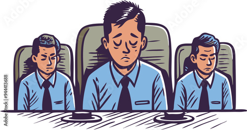 Tired businessman in a meeting with multiple versions of himself appearing exhausted and frustrated