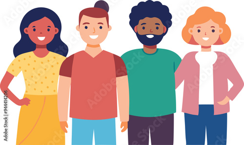 Illustration of four diverse individuals standing side by side symbolizing unity, diversity, and friendship